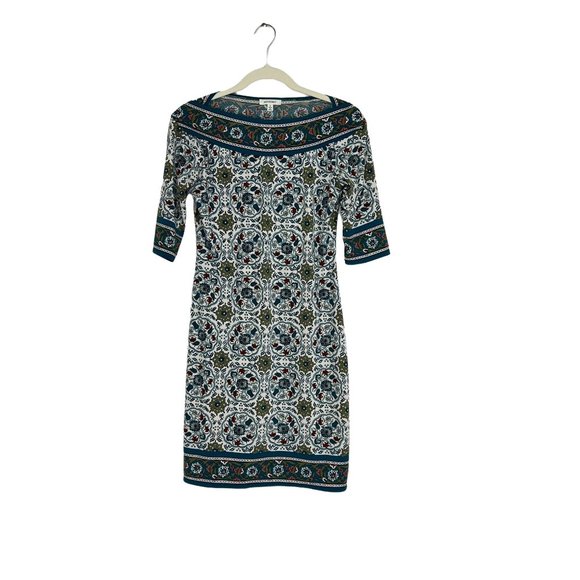 Max Studio Teal Geometric Shift Mini Dress Short Sleeve Boat Neck Women's Size S - Picture 1 of 6